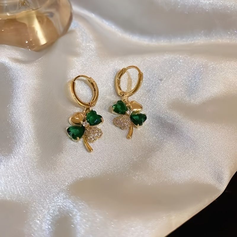 St Patrick's Day Green Gems Four Leaf Clover Drop Earrings 18K Gold