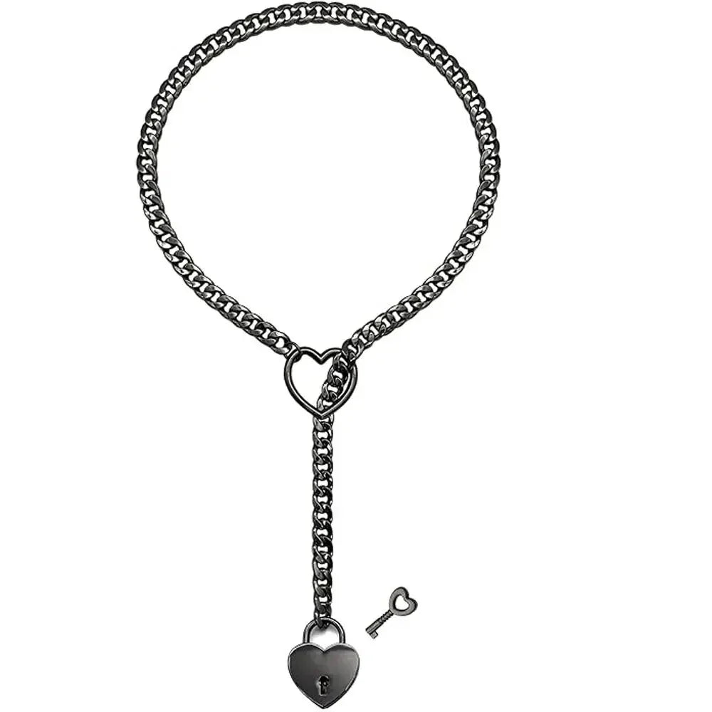 Black chain bracelet with heart and key charms on a white background