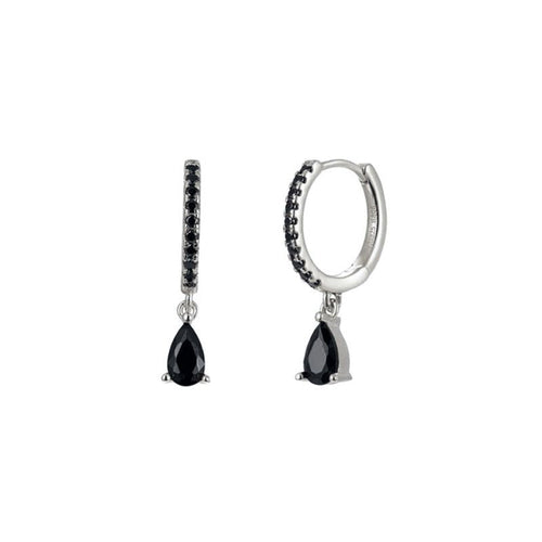 Pair of black teardrop earrings on a white background