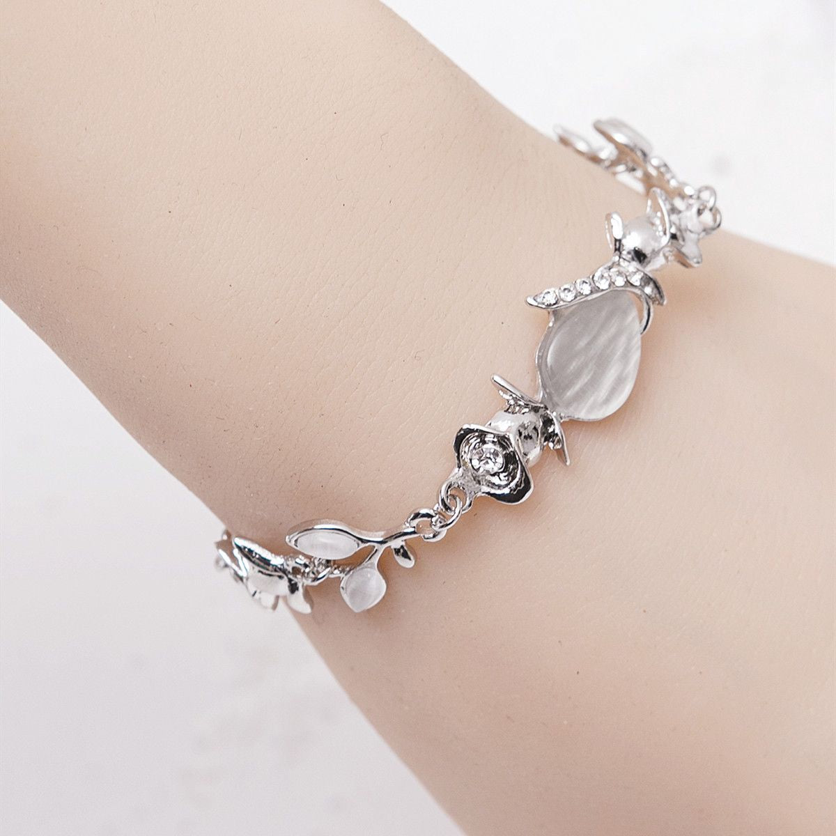 Flower & Leaf Shape Shiny Chain Bracelet Engagement Jewelry Gift