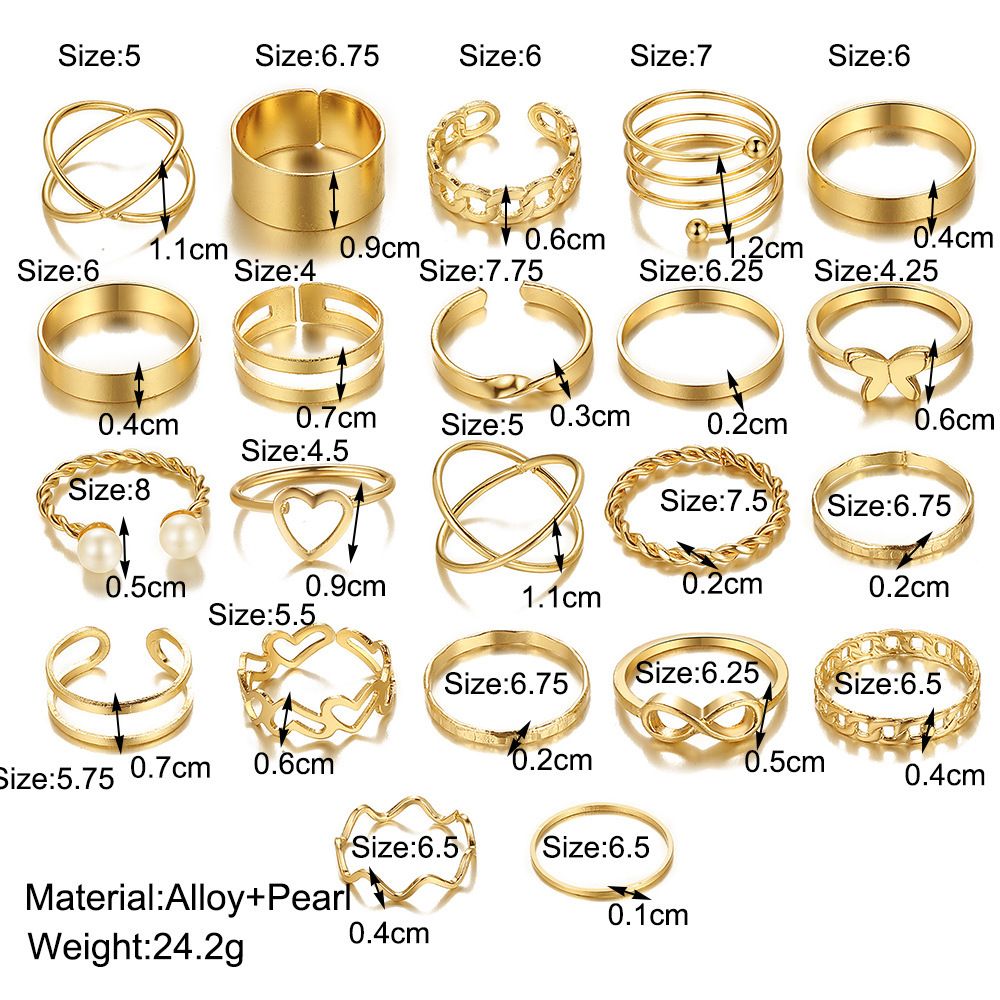 Set of gold rings with measurements and material details