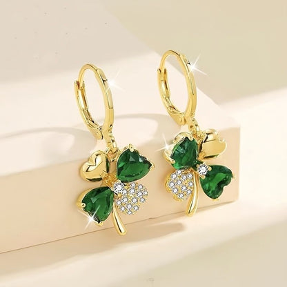 St Patrick's Day Green Gems Four Leaf Clover Drop Earrings 18K Gold