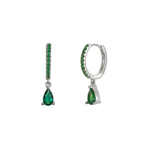 Pair of green teardrop earrings on a white background