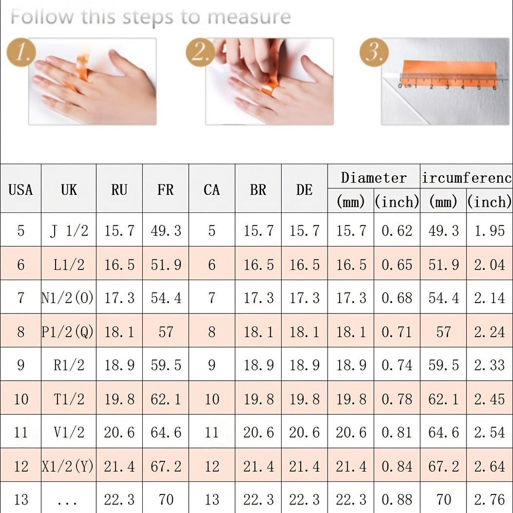 Measurement chart for hands with a ruler, showing size conversions between different countries.