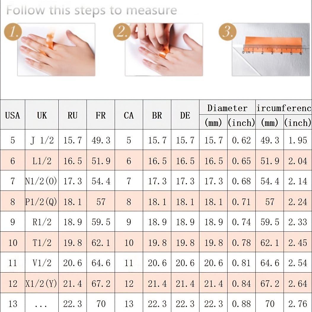 Measurement chart for hands with a ruler, showing size conversions between different countries.