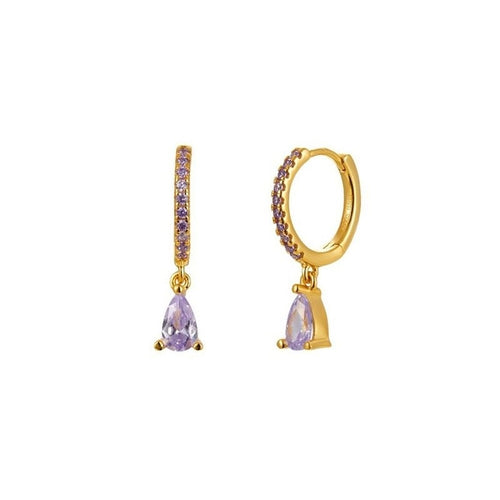 Gold earrings with purple teardrop-shaped gemstones on a white background