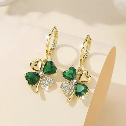St Patrick's Day Green Gems Four Leaf Clover Drop Earrings 18K Gold