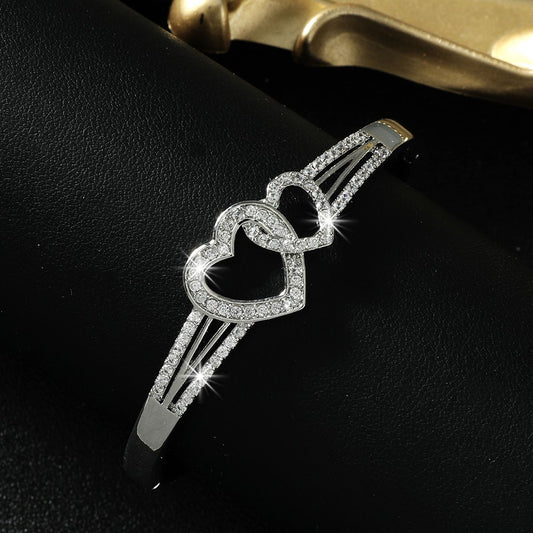 Romantic Cuff Bangle Bracelet Double Hollow Heart Shape With Full Of